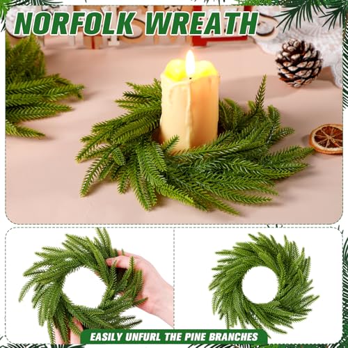 Green Norfolk Pine Christmas Candle Ring Wreaths - Pack of 8, 6 Inch