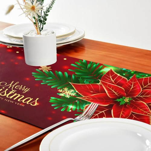 Double-Sided Christmas Poinsettia Flowers Snowflakes Table Runner 14x108 Inches - Holiday Decor