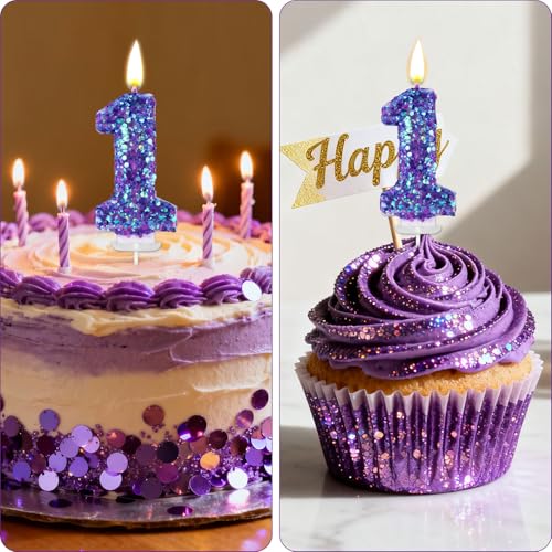 Purple Number Birthday Candle with Sequins - Romantic Cake Topper