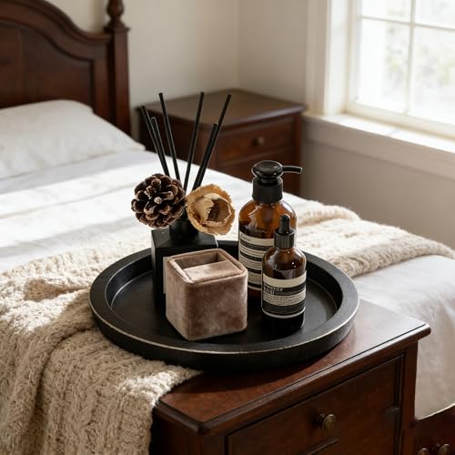 11-Inch Round Decorative Wood Tray - Matte Black Farmhouse Coffee Table Decor