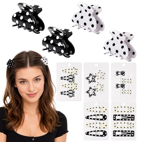 24-Piece Polka Dot Snap Hair Clips Set Black and White Barrette Assortment