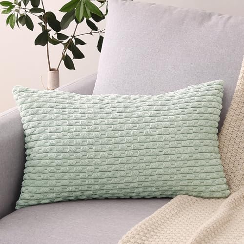 Light Green Corduroy Throw Pillow Covers 18x18 Inch - Set of 2 Striped Cases