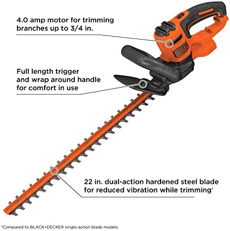 BLACK+DECKER 22" Electric Hedge Trimmer - Lightweight 4.0 Amp Dual Action Shrub Cutter | Full Wraparound Handle