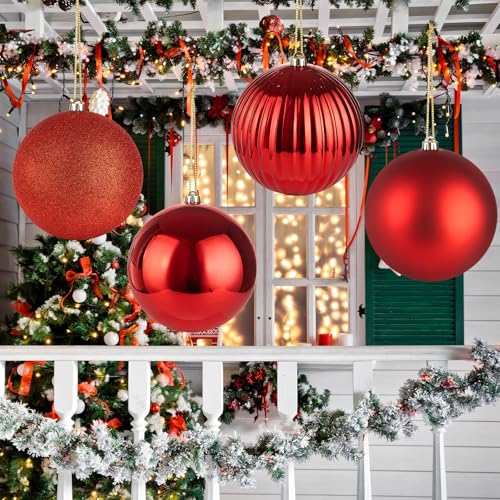 4 Pack 8-Inch Oversized Red Christmas Ball Ornaments - Large Plastic Holiday Tree Decor