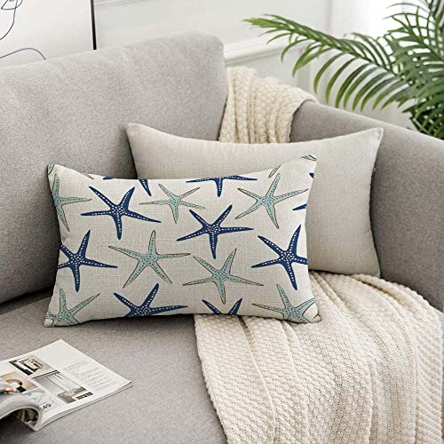 Nautical Starfish Throw Pillow Cover 12x20 Inch - Navy Blue Faux Linen