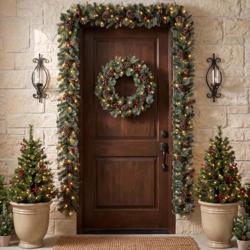 9ft Prelit Christmas Garland with Lights & Timer - Glittered Greenery with Pine Cones & Berries