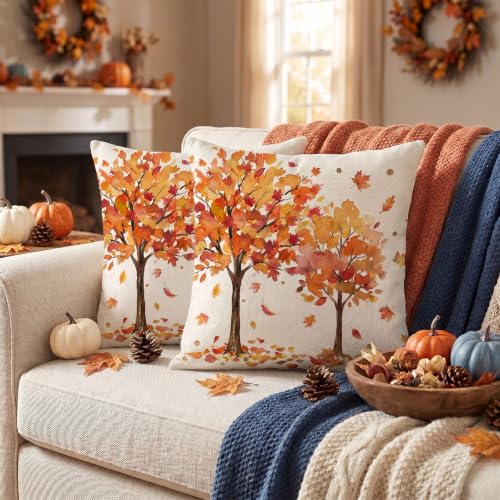 Fall Maple Leaf Throw Pillow Covers 18x18 Inch, Set of 2 Autumn Farmhouse