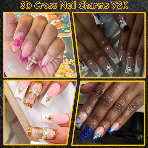 ZUMILLMN 90pcs 3D Cross Nail Charms with Crystal Rhinestones and Pearls