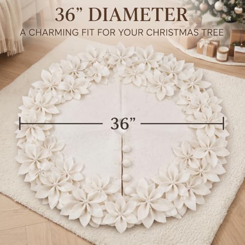 Foilswirl 36 Inch White Christmas Tree Skirt with Poinsettia Pearl Edge - Holiday Decor
