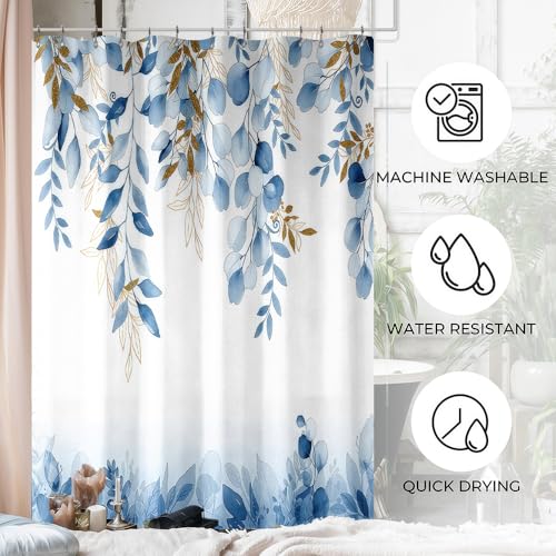 Blue and Gold Watercolor Shower Curtain - 72x72 Modern Abstract Bath Decor