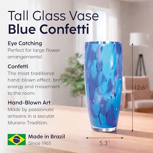Murano Style Hand Blown Glass Vase with Confetti Effect - Blue, 12.6 Inch Home Decor