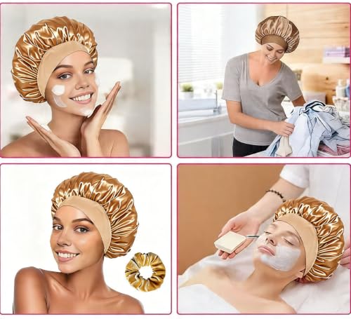 2-Piece Silk Satin Hair Bonnet for Sleeping and Shower Cap Set (Gold)