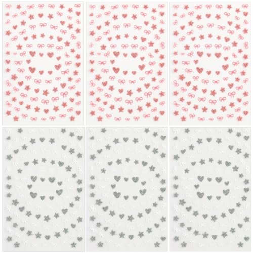 Glitter Heart Star Bows Nail Stickers 3D Self-Adhesive Decals 6 Sheets