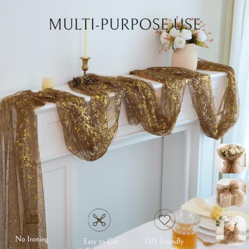 Snowkingdom 3-Piece 10Ft Gold Gauze Sheer Table Runner - Coffee Gold