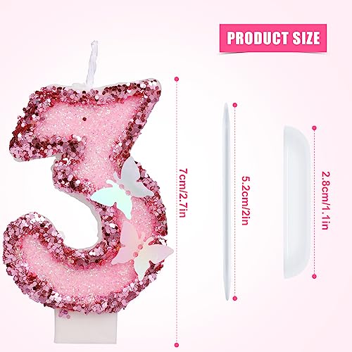 Pink Butterfly Number Candle 3 - 2.7 Inch Glitter Cake Topper