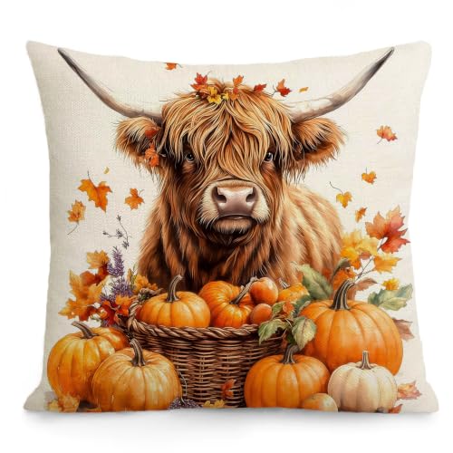 Highland Cow Autumn Pillow Cover 18x18 - Fall Decor with Pumpkins