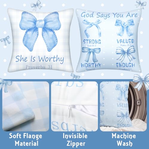 Christian Pillow Covers 18x18 - Blue Bow Bible Verse Decor