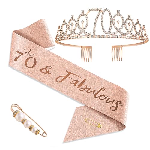 Halfte 70th Birthday Crown & Sash Pin Set for Women - 70th Celebration Decorations