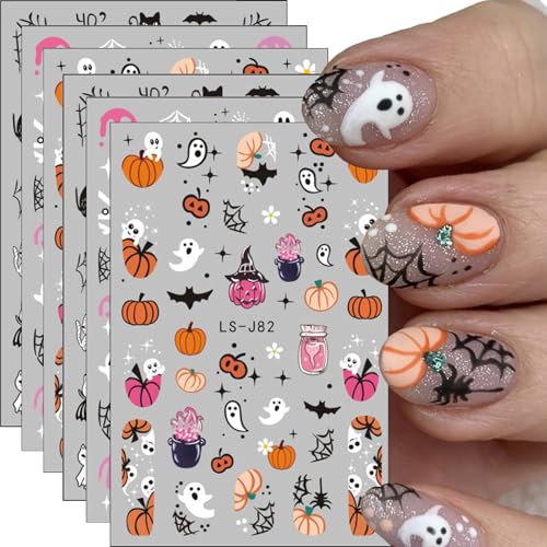 LETSWIN 3D Halloween Nail Stickers - Self-Adhesive Ghost, Bat & Pumpkin Art Decals