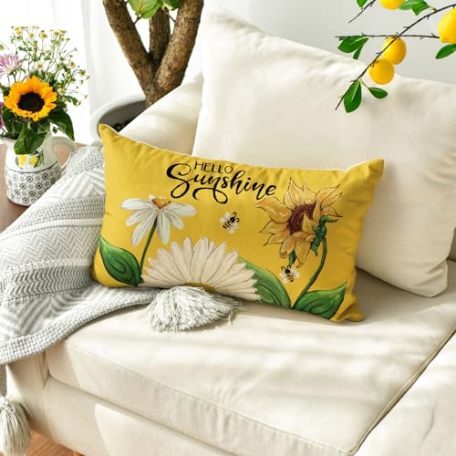 Hello Sunshine Daisy Sunflower Throw Pillow Cover - 12x20 Inch