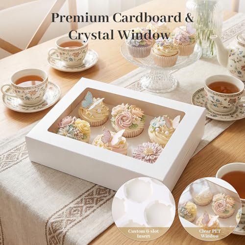 VGOODALL 6-Count Cupcake Boxes with Window - White (6-Pack Set)