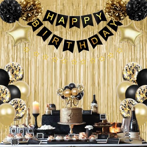 Black and Gold Birthday Decorations Kit with Balloons, Banner, and Backdrop