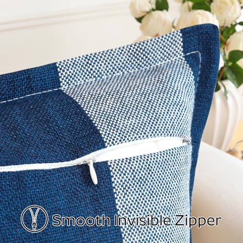 OTOSTAR Gingham Buffalo Check Linen Throw Pillow Covers 12x20, Blue (2 Pack)