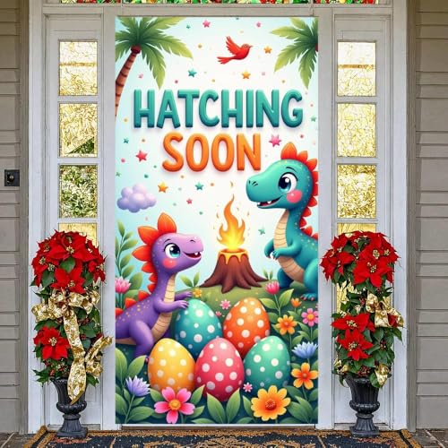 Cute Dinosaur Hatching Soon Door Cover - Baby Shower Decoration 35x71in