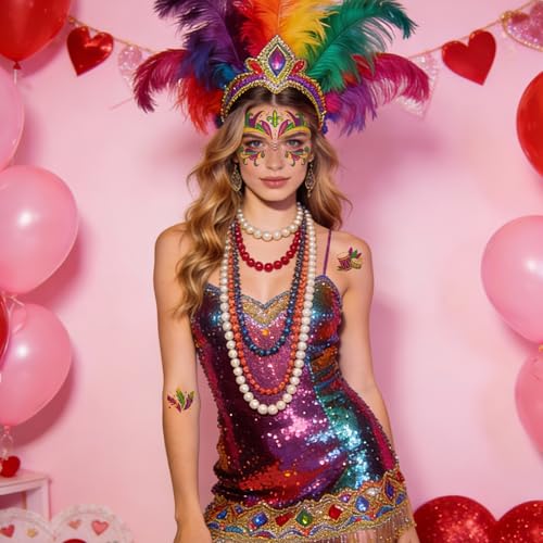 DPKOW 7-Piece Mardi Gras Accessories Set with Face Tattoos Beads Necklace and Gems
