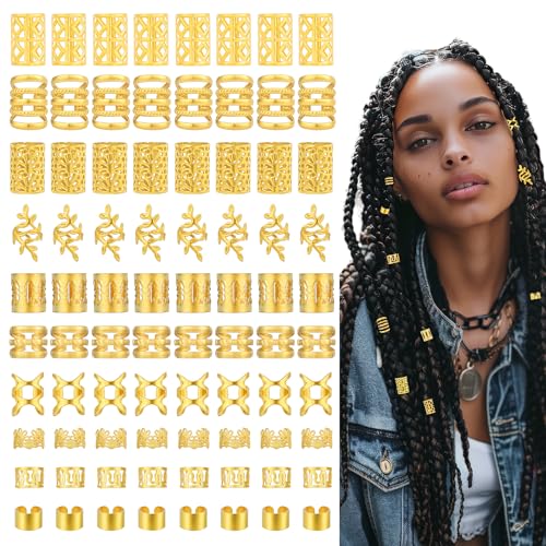 Tyqour 100pcs Gold Hair Cuffs and Rings for Braids and Dreadlocks