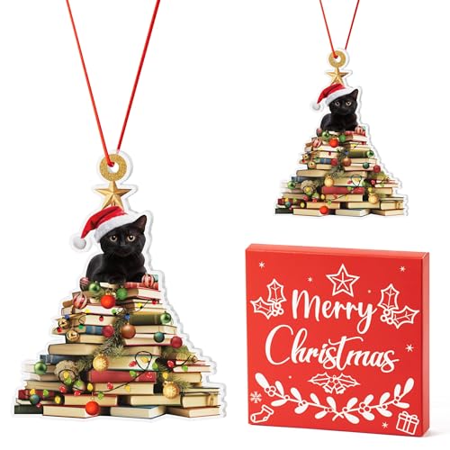 Haooryx Black Cat Christmas Ornament - Acrylic Book Lover Decor