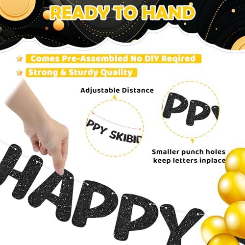 Happy Skibidi 13th Birthday Banner | Pre-Strung Black Glitter Sign