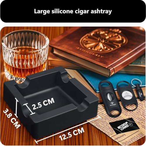 Roygra Black Large Cigar Ashtray Set with 3 Cutters Outdoor Patio Accessory