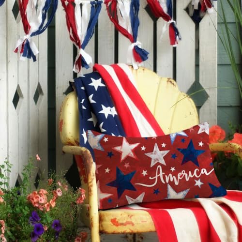 4th of July Patriotic Pillow Cover 12x20 Red Star America Decor