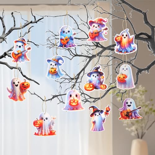 12 Halloween Tree Ornaments - Witch, Pumpkin & Ghost Decor Set