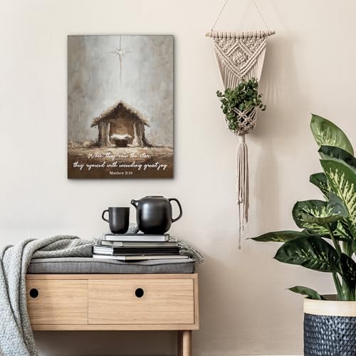 Christian Nativity Scene Canvas Wall Art, Framed Religious Painting 11x14
