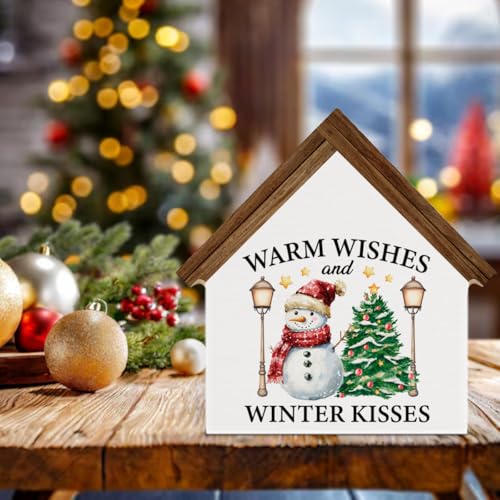 Nurawo R Christmas House Shape Wooden Sign - Snowman Warm Wishes Holiday Decor