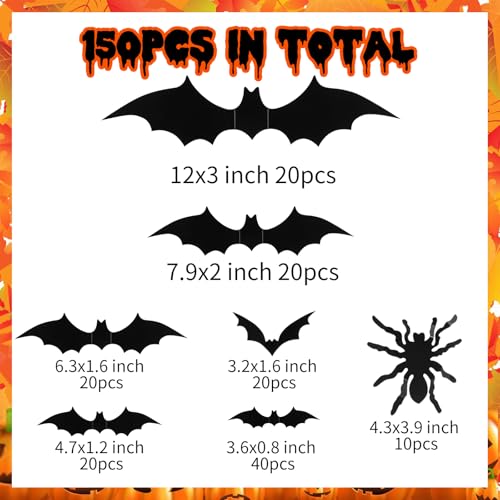 150 Pcs Halloween Bat Decorations - 3D PVC Wall Stickers