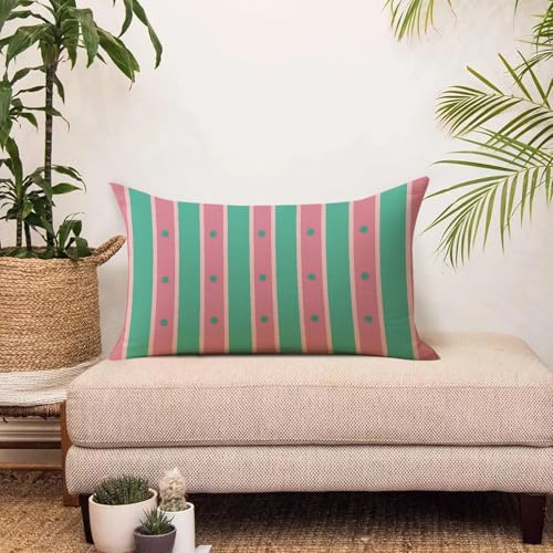 Pink Green Striped Lumbar Pillow Cover 12x20 | Decorative Cushion Case