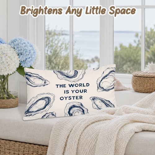 The World Is Your Oyster Coastal Lumbar Pillow Cover - Blue 12x20 Inch