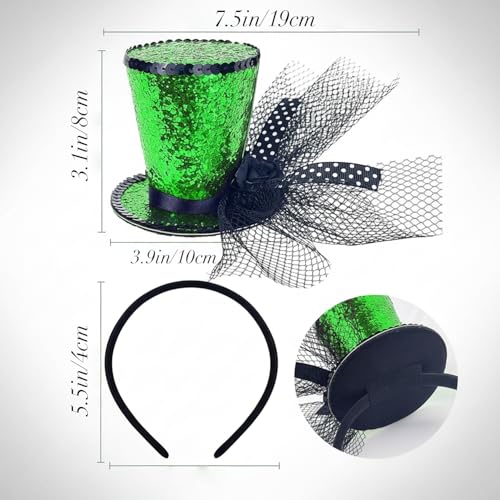 St. Patrick’s Day Green Sequin Mini Top Hat Headband with Tulle & Rose