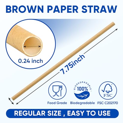 300 Compostable Brown Paper Straws - 7.75" Eco-Friendly Drinking Straws