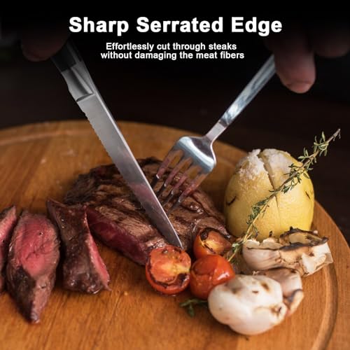 Black Steak Knives Set of 6 - 4.8 Inch German Stainless Steel Serrated Kitchen Knives with Block, Dishwasher Safe