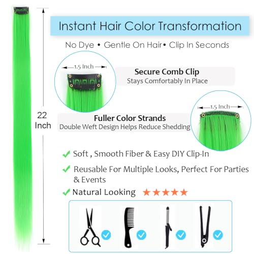 Emerald Green Clip In Hair Extensions 22 Inch Long Straight Synthetic Hairpieces