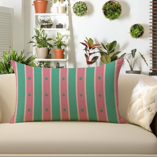 Pink Green Striped Lumbar Pillow Cover 12x20 | Decorative Cushion Case