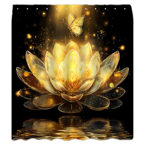 Black Gold Lotus Flower Shower Curtain, 70 x 70 Inch - Boho Design