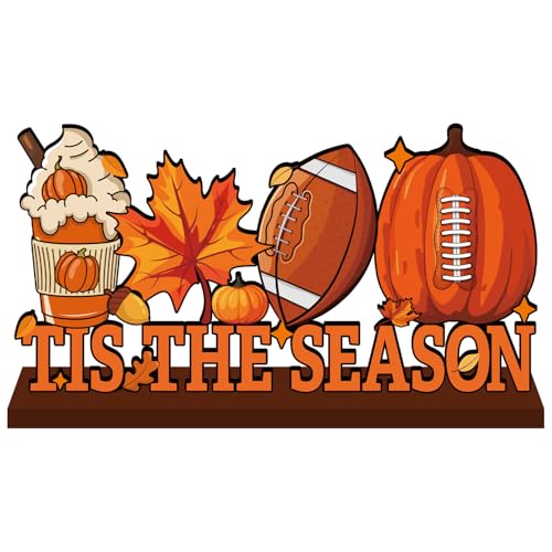 Fall Wooden Table Centerpiece Decor - Football, Pumpkin & Leaf Design, 11.8x6 Inches