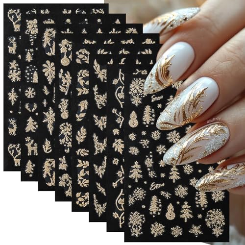 Christmas Gold Nail Stickers Snowflake Tree Decals 8 Sheets