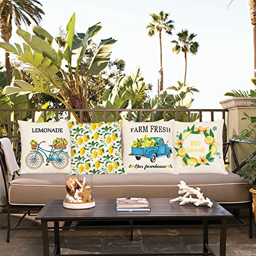 YeeJu Set of 4 Summer Decorative Pillow Covers - 16x16 Inch Lemon & Bicycle Design