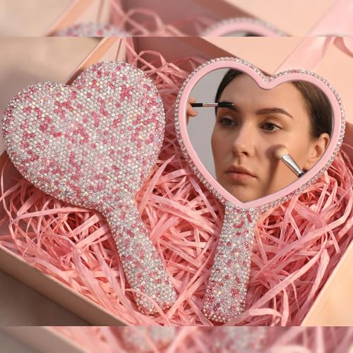 Ouligay Glitter Rhinestone Heart Handheld Mirror - 6.3x4.3 Inch